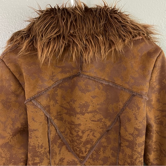 Kaity Brown Faux Fur Collar Vegan Leather Patchwork Coat Sz L Penny Lane Jacket - Picture 7 of 11
